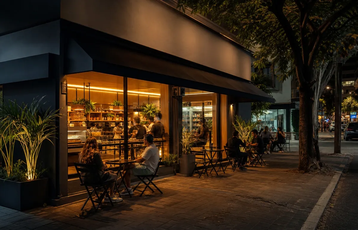 Fachada iluminada de uma loja Vila Açaí à noite