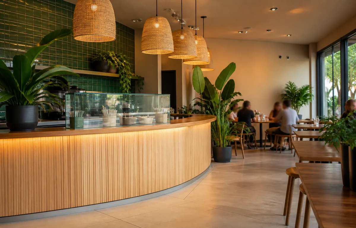 Interior da loja Vila Açaí com balcão de madeira, azulejos verdes e plantas tropicais
