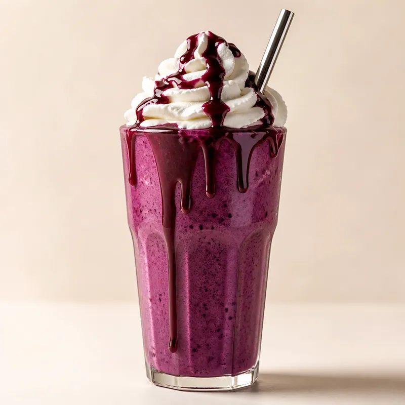 Milkshake cremoso de açaí com chantilly e calda escorrendo